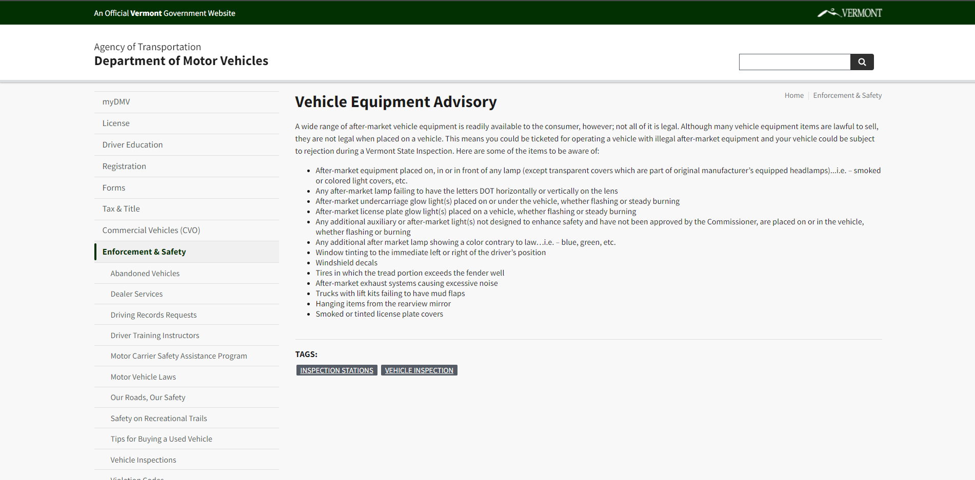 Vermont Auxilarly Lights Law