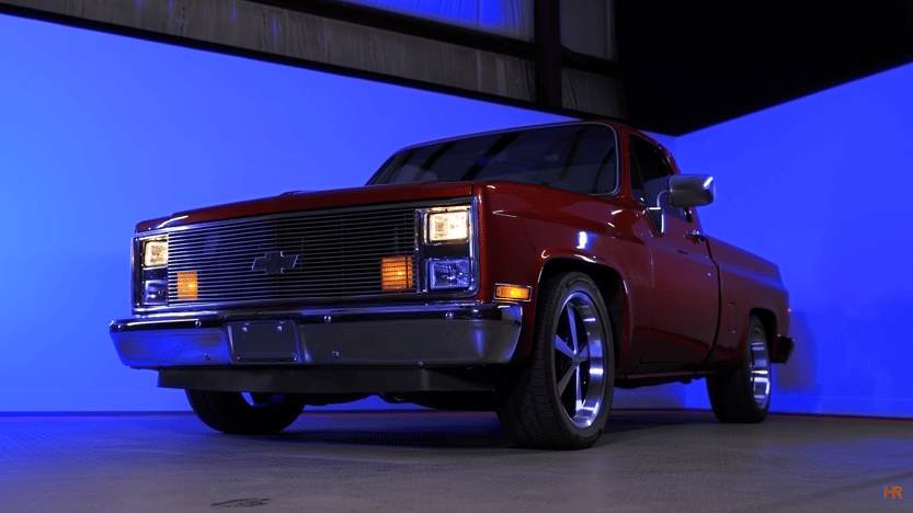 A Chevrolet C10 pickup with LED Holley RetroBright Headlights.