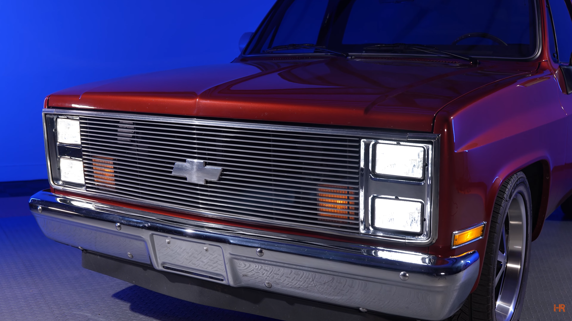 A Chevrolet C10 pickup with LED Holley RetroBright Headlights.