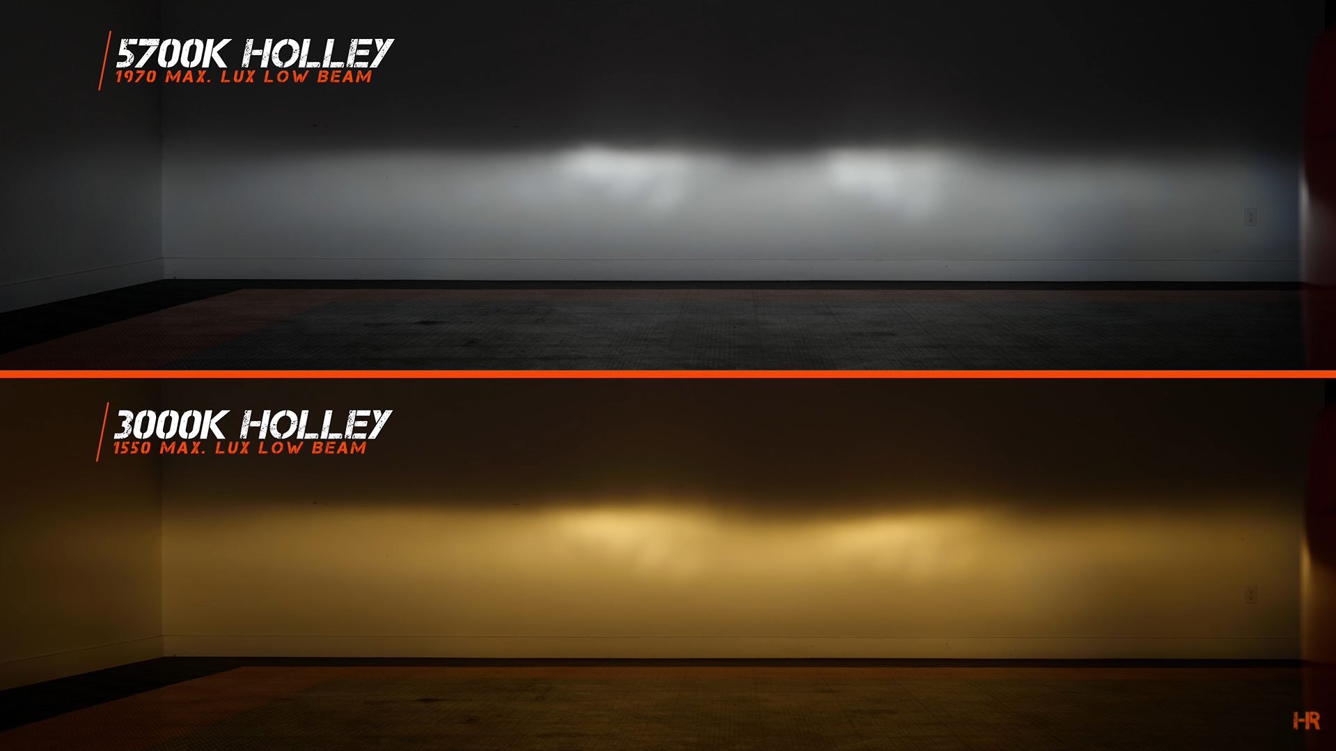 The 5700K Holley Retrobright Headlight LED beam pattern versus the 3700K LED headlight on low beam.