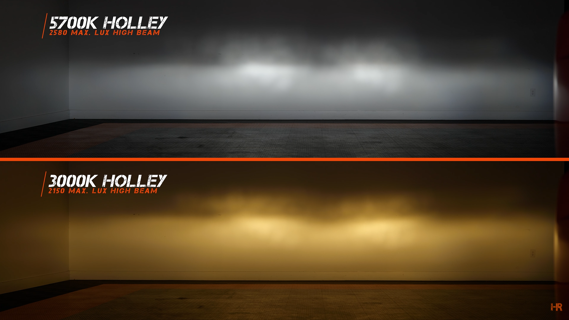 The 5700K Holley Retrobright Headlight LED beam pattern versus the 3700K LED headlight on high beam.