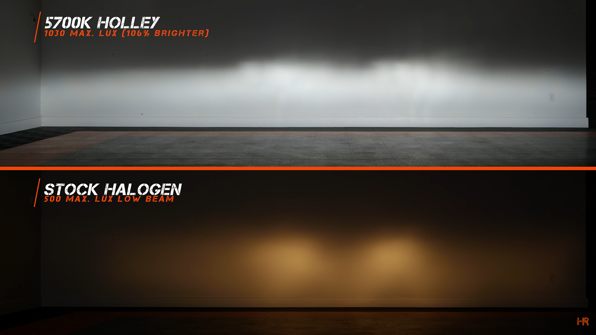 The 5700K Holley Retrobright Headlight LED beam pattern versus the stock halogen headlight on low beam.