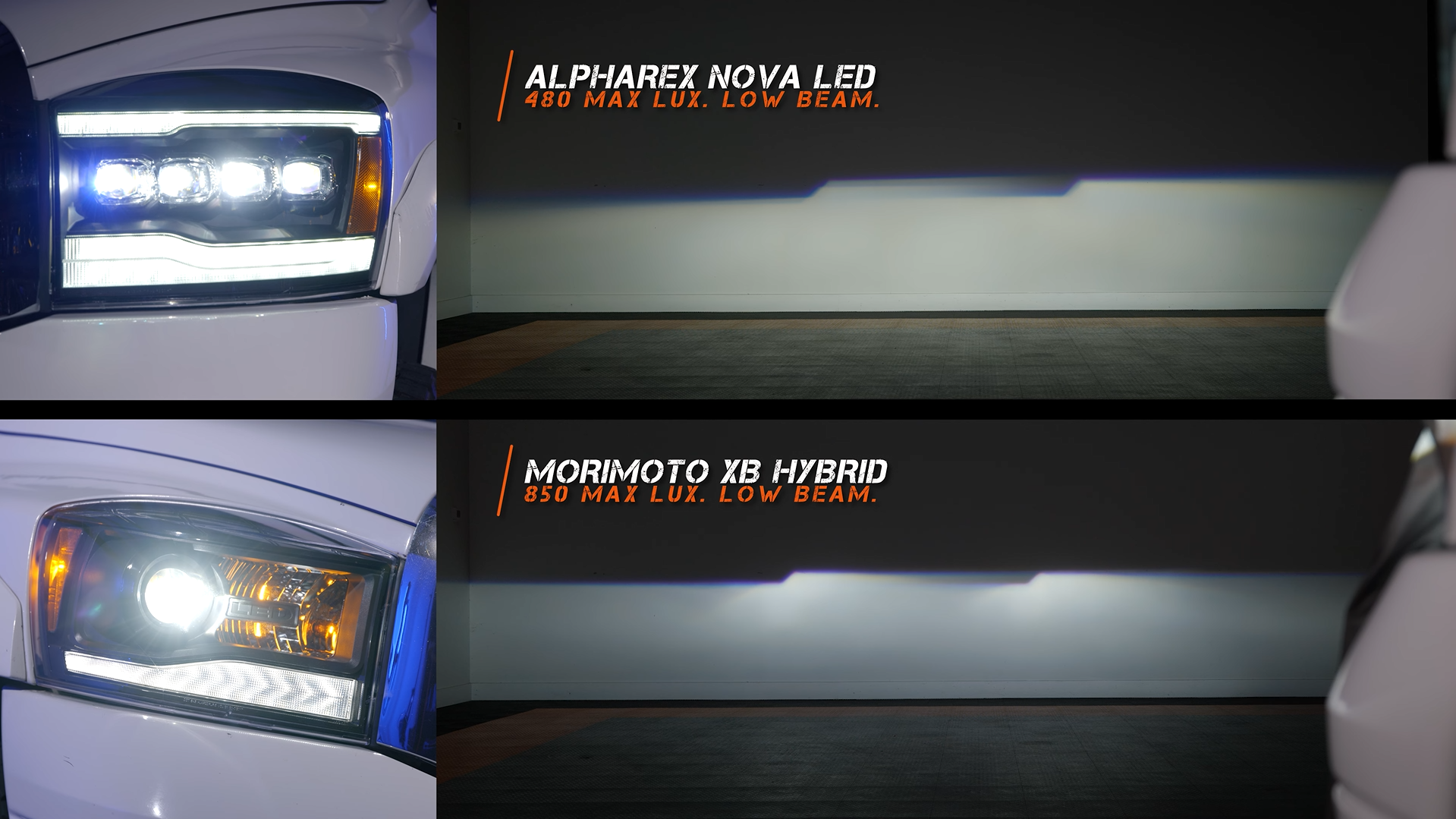 A comparison of brightness between the Alpharex Nova LED and the Morimoto XB Hybrid headlights.