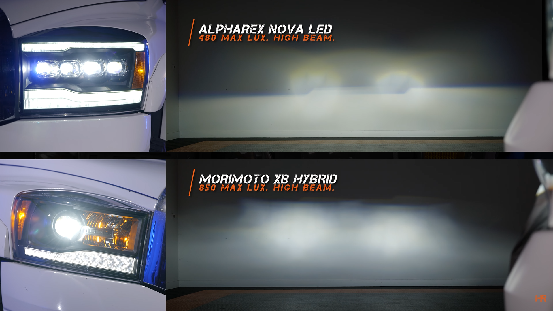 A comparison of brightness between the Alpharex Nova LED and the Morimoto XB Hybrid headlights.