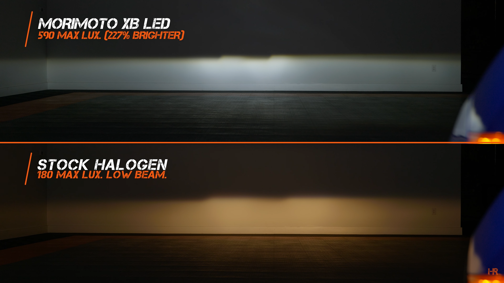 Comparison between the stock halogen and Morimoto XB LED headlight on low beam.