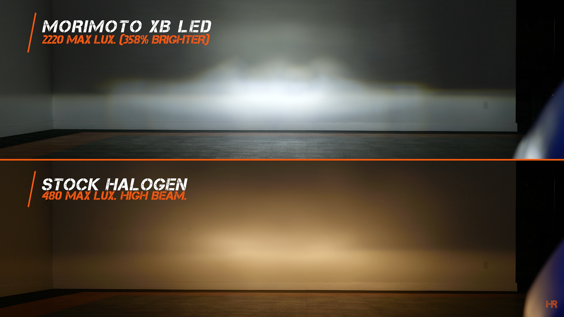 Comparison between the stock halogen and Morimoto XB LED headlight on high beam.