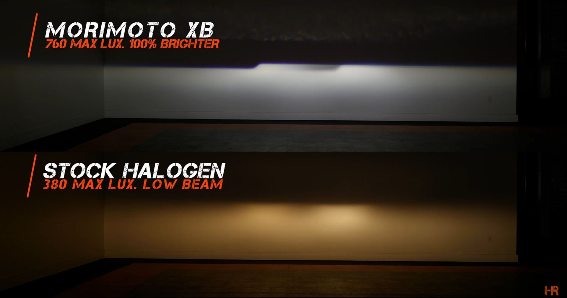 A comparison of the beam pattern between the OEM Ford Ranger halogen headlight and the Morimoto XB LED headlight.