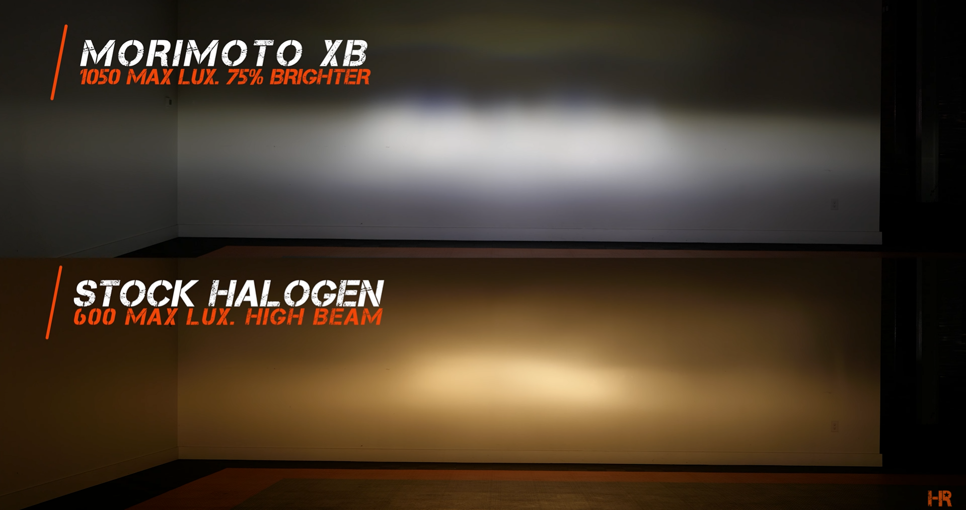 A comparison of the beam pattern between the OEM Ford Ranger halogen headlight and the Morimoto XB LED headlight.