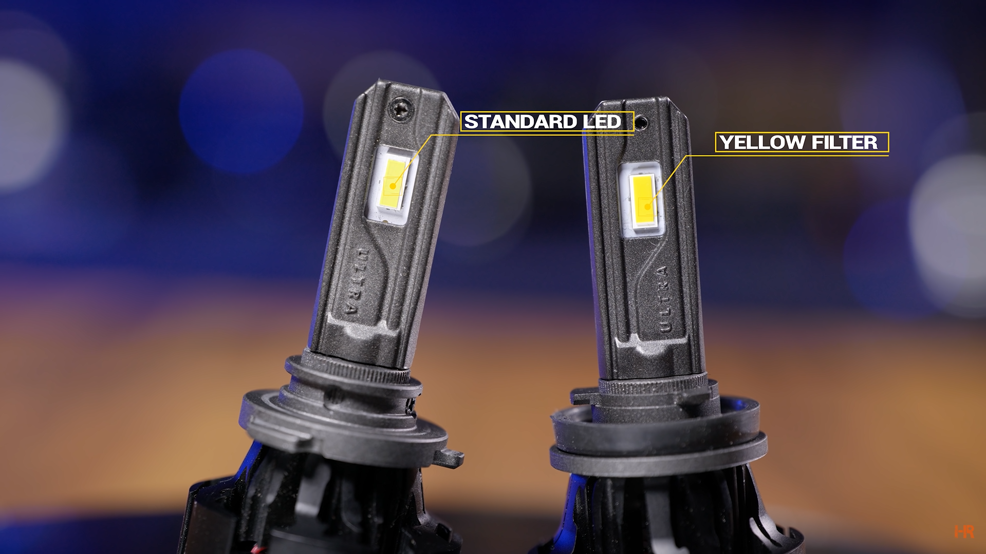 A standard LED chip vs a yellow-filtered LED chip.
